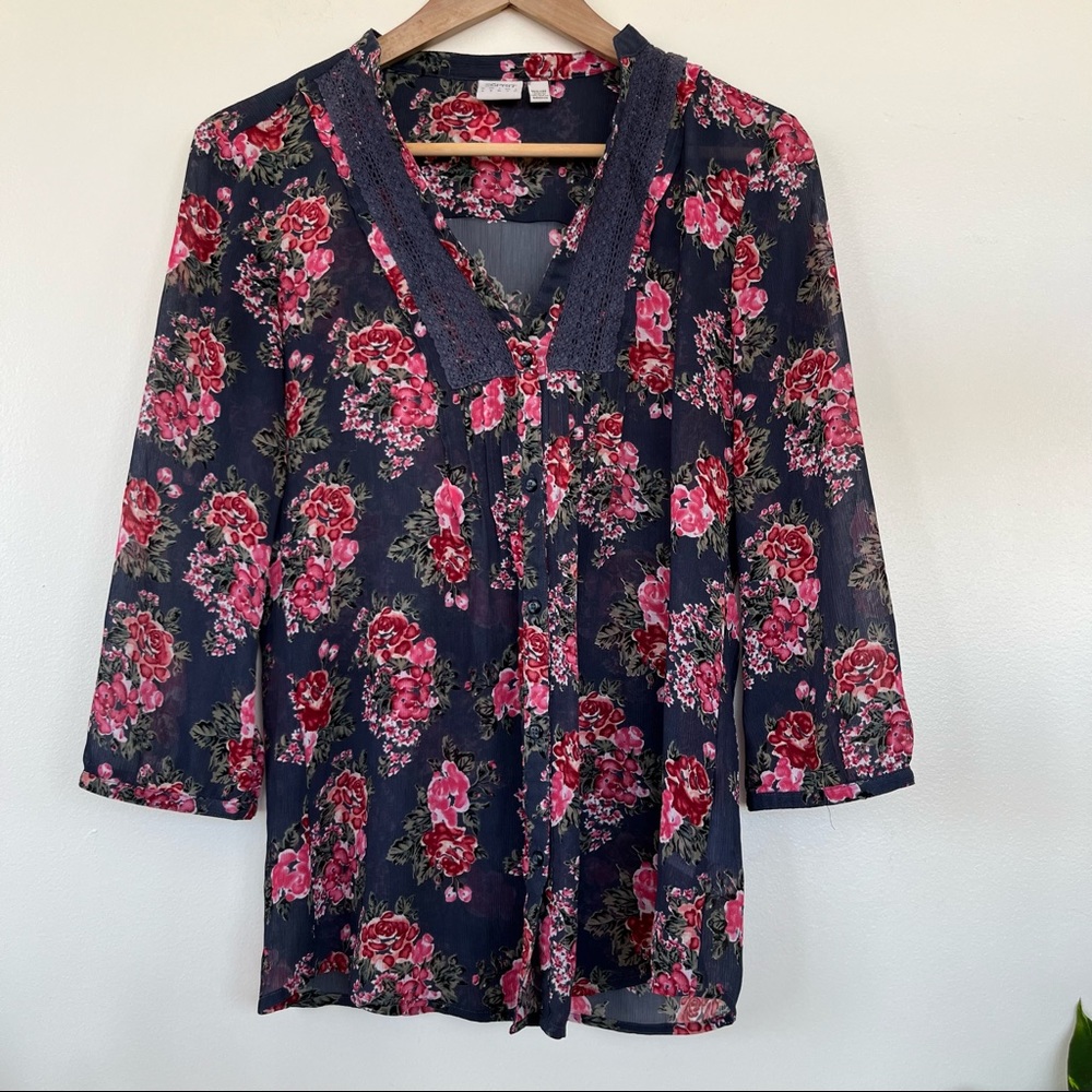 Espirit Sheer Floral Lace Button-Up Blouse
